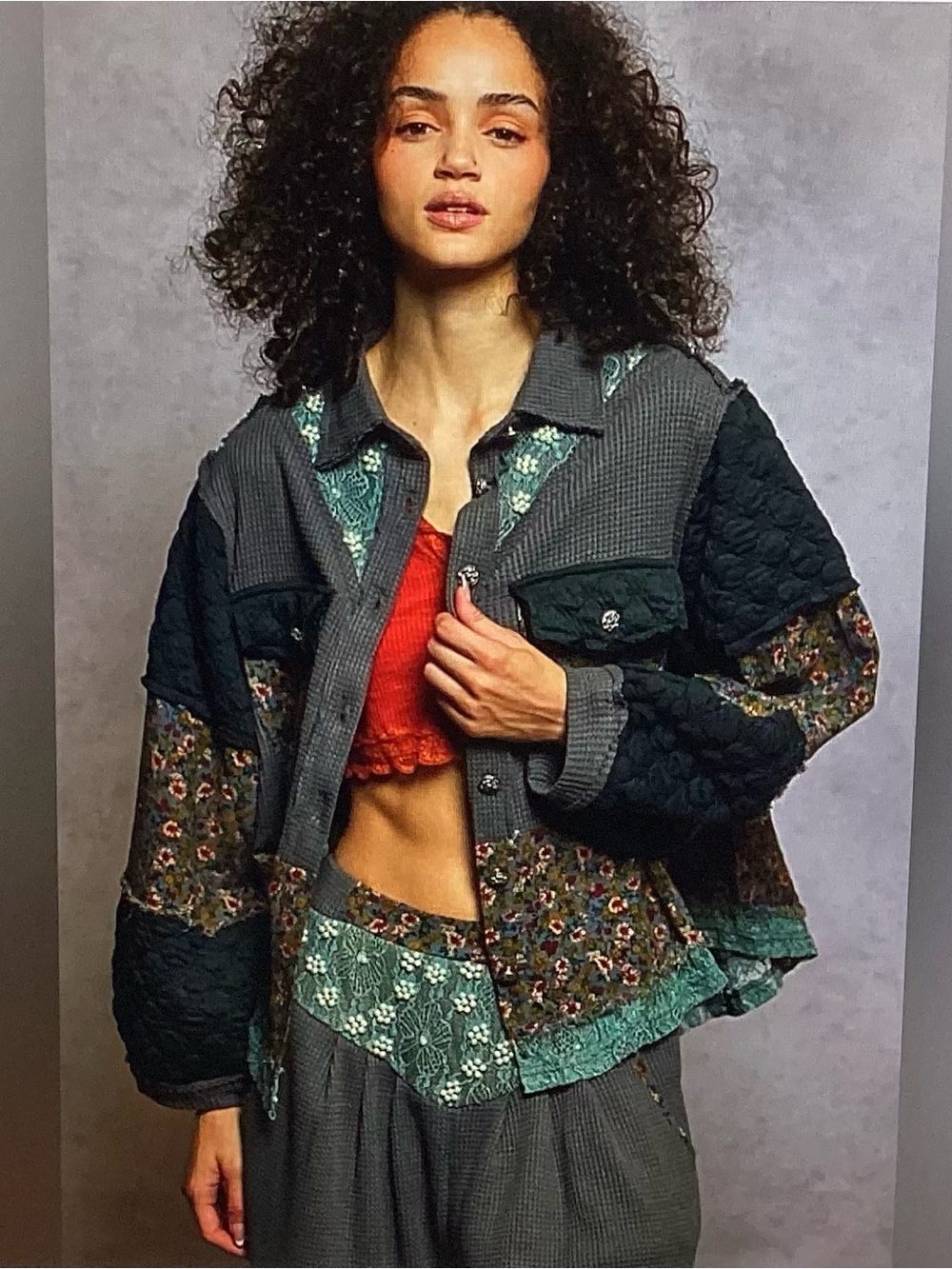 POL Pearl Accent Mixed Fabric Shirt/Jacket